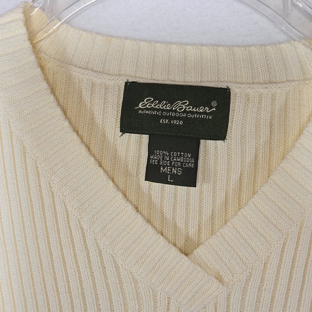 Eddie Bauer Mens Large Cream Ribbed V-Neck Cotton Knit Long Sleeve Sweater - Picture 3 of 13